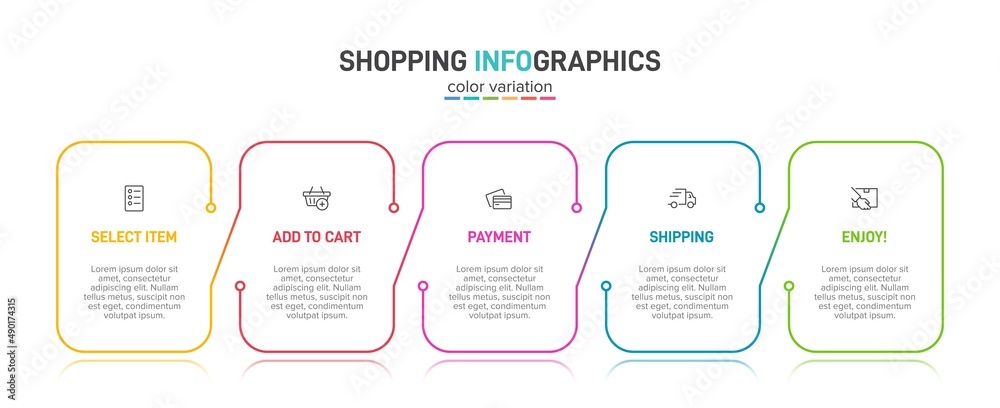 Concept of shopping process with 5 successive steps. Five colorful graphic elements. Timeline design for brochure, presentation, web site. Infographic design layout.
