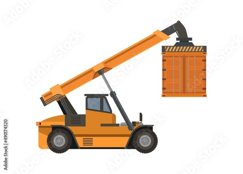 Container handler forklift lifting container. Simple isolated and colored illustration.