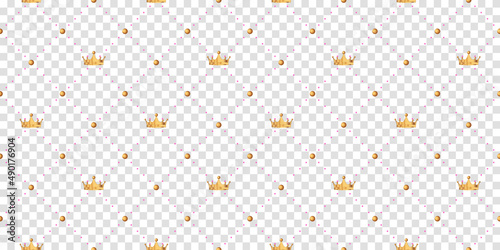 Seamless pattern in retro style with a gold crown and polka dots on white background. Cute wallpaper for little princesses. Vector illustration