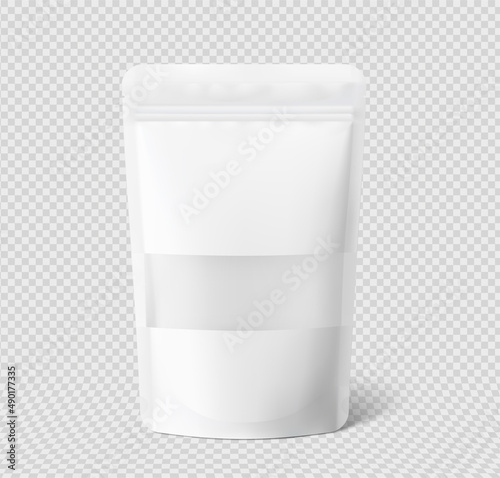 Pouch bag mockup isolated on transparent background with plastic window. Vector illustration. Perfect for the presentation of your product. EPS10.	
