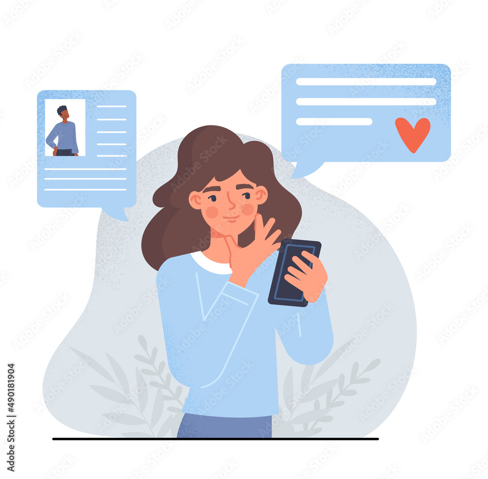 Seeking for couple online abstract concept. Woman with smartphone in her hands looking for boyfriend in dating app. Questionnaire for finding love and relationships. Cartoon flat vector illustration Seeking for couple online abstract concept. Woman with smartphone in her hands looking for boyfriend in dating app. Questionnaire for finding love and relationships. Cartoon flat vector illustration
