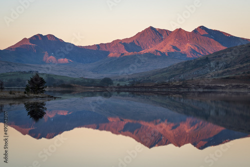 Beautiful view of the Llynnau Mymbyr lake in The Snowdon Horseshoe, Wales, UK photo