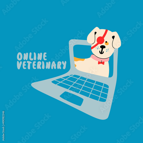 Online veterinary. Happy puppy with a medical bandage on his eye. A disabled dog peeks out of a laptop. Vector illustration.