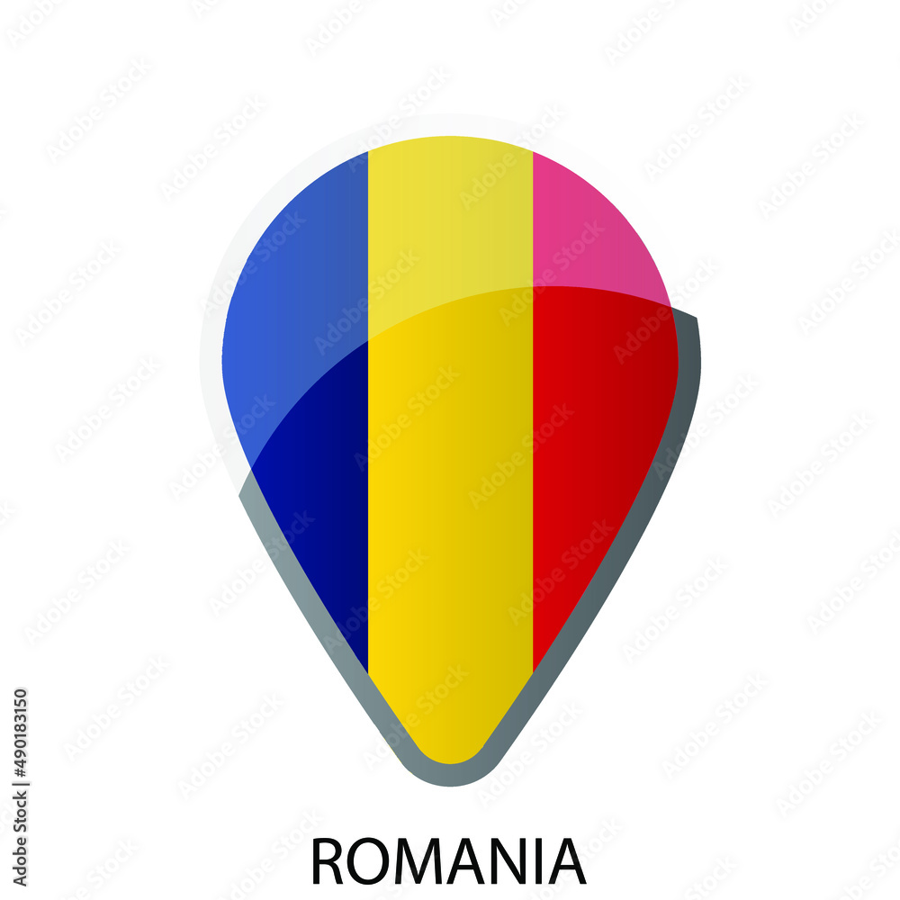 Fototapeta premium Glossy location pin flag of Romania icon. Simple isolated button. Eps10 vector illustration.