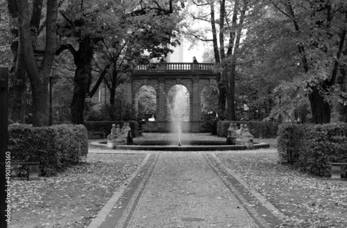 Grayscale shot of the Marchenbrunnen in the Volkspark Friedrichshain in Berlin, Germany photo