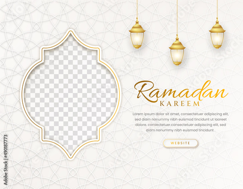 White luxury islamic background with decorative ornament pattern and lanterns Premium Vector	