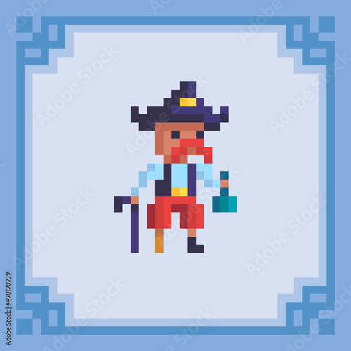 A pirate captain with bottle. Pixel art character. Vector illustration