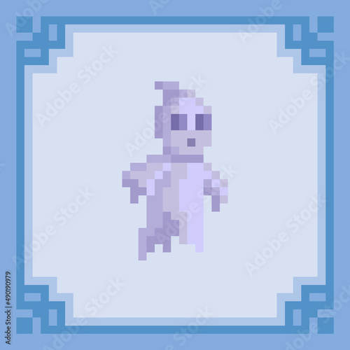 Flying ghost pixelated sign. Pixel art character.