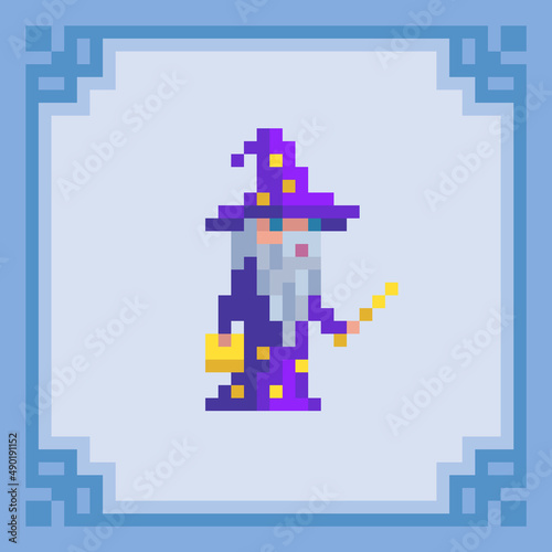 Old witch man with magic stick. Pixel art wizard character. Vector illustration photo