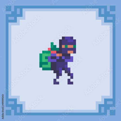 Thief carries sack with money.Pixel art bandit character