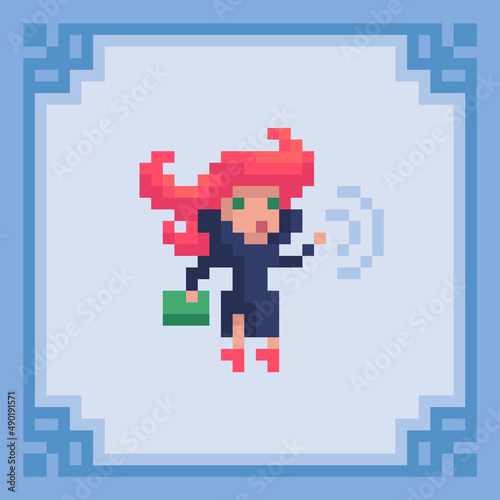 Graceful sorceress girl standing in a casting pose. Pixel art character.