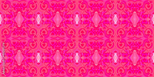 Pink and red. Seamless endless repeating bright ornament of multi-colored geometric shapes.