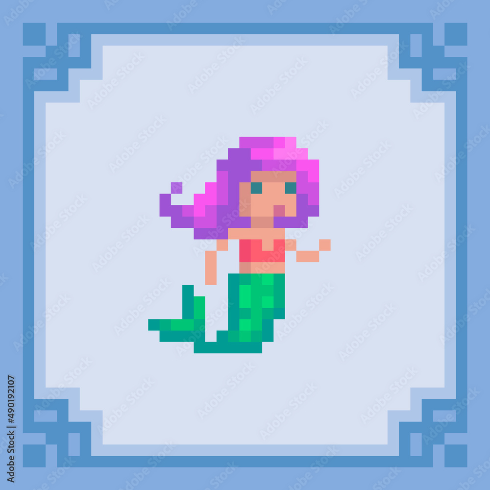 Mermaid with pink hair and green tail. Pixel art character. Vector ...