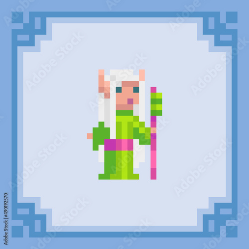 Fairy elf with a staff. Pixel art character. Vector illustration