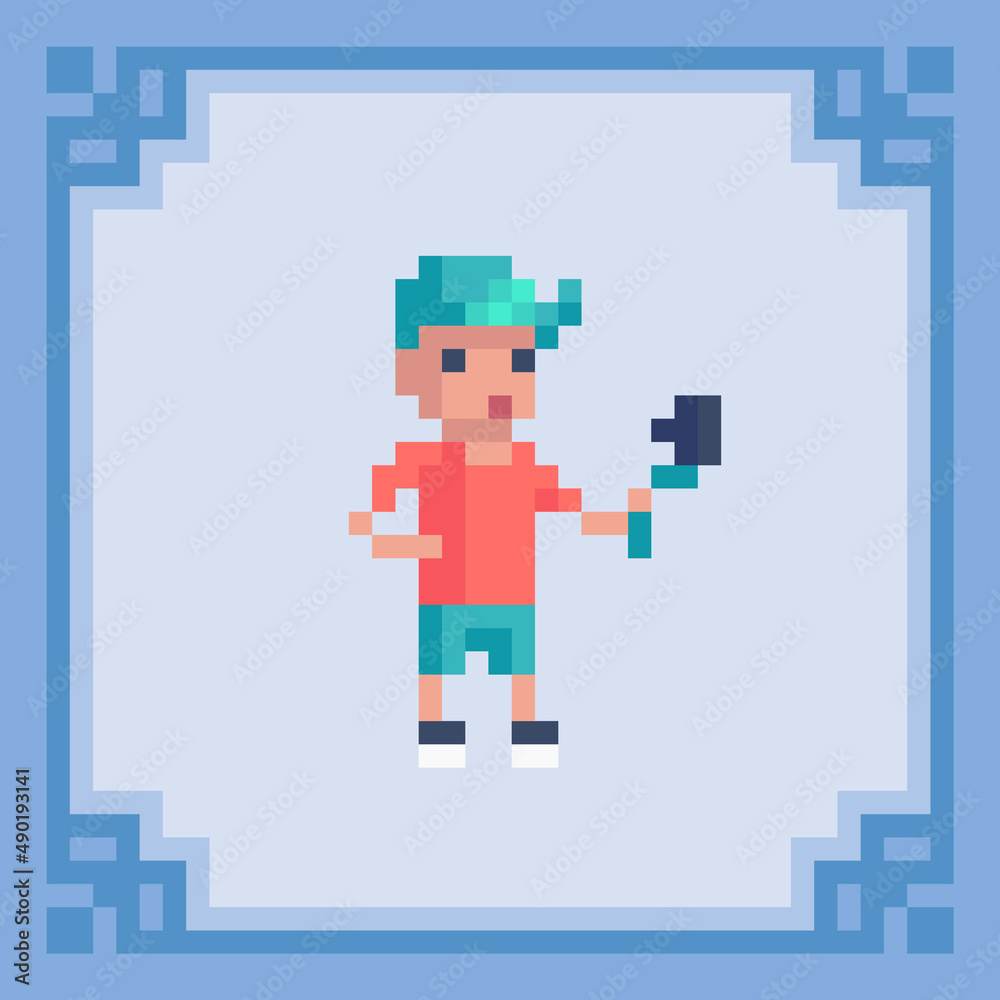 Blogger recording tutorial video for his vlog. Pixel art character. Blogger recording tutorial video for his vlog. Pixel art character.