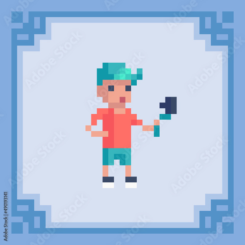 Blogger recording tutorial video for his vlog. Pixel art character.