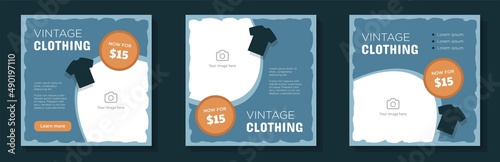Second hand clothing social media post, banner set, vintage shirt advertisement concept, retro fashion marketing square ad, abstract print, isolated on background