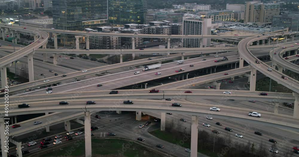 Aerial of cars on I-10 West freeway in Houston, Texas Aerial of cars on I-10 West freeway in Houston, Texas