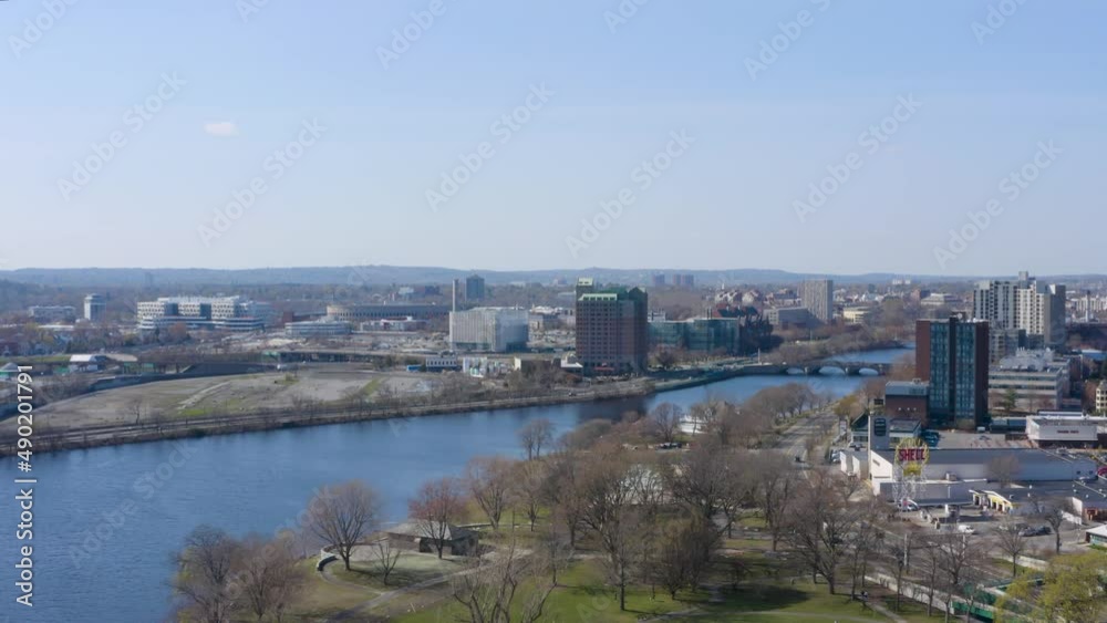 Aerial Drone View Of Allston Skyline By Cambridge, Massachusetts, Charles River Aerial Drone View Of Allston Skyline By Cambridge, Massachusetts, Charles River
