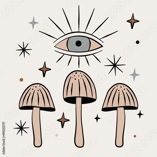 Mystical Mushroom with Eyes Illustration, Cosmic Psychedelic Fungi Design for Prints, Cards, Postcards, Banners and Wall Arts