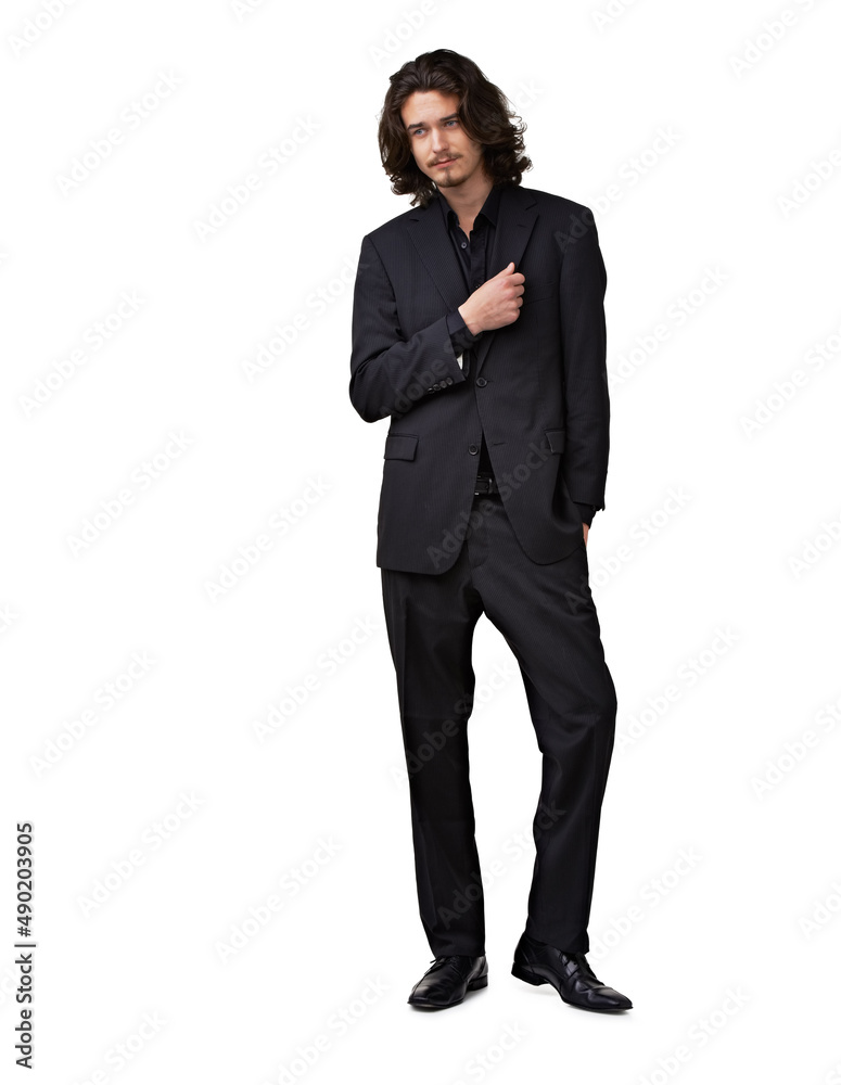 Looking suave in his suit. Handsome young man wearing a stylish black suit isolated on white. Looking suave in his suit. Handsome young man wearing a stylish black suit isolated on white.