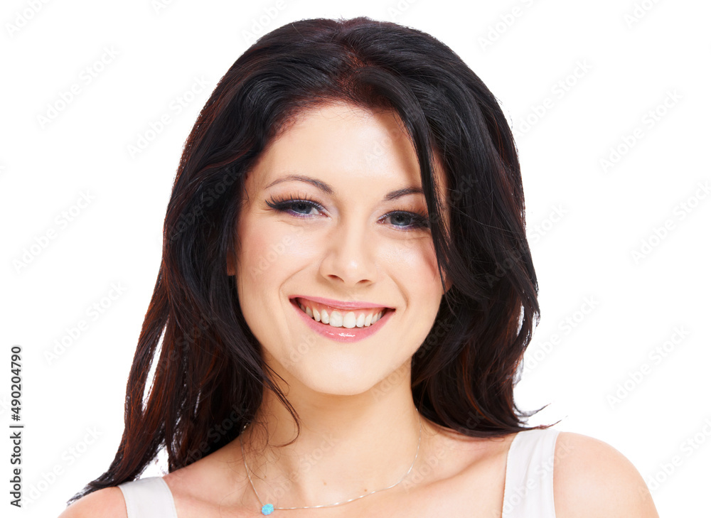 Fresh-faced confidence. Head and shoulders portrait of an attractive brunette woman isolated on white. Fresh-faced confidence. Head and shoulders portrait of an attractive brunette woman isolated on white.