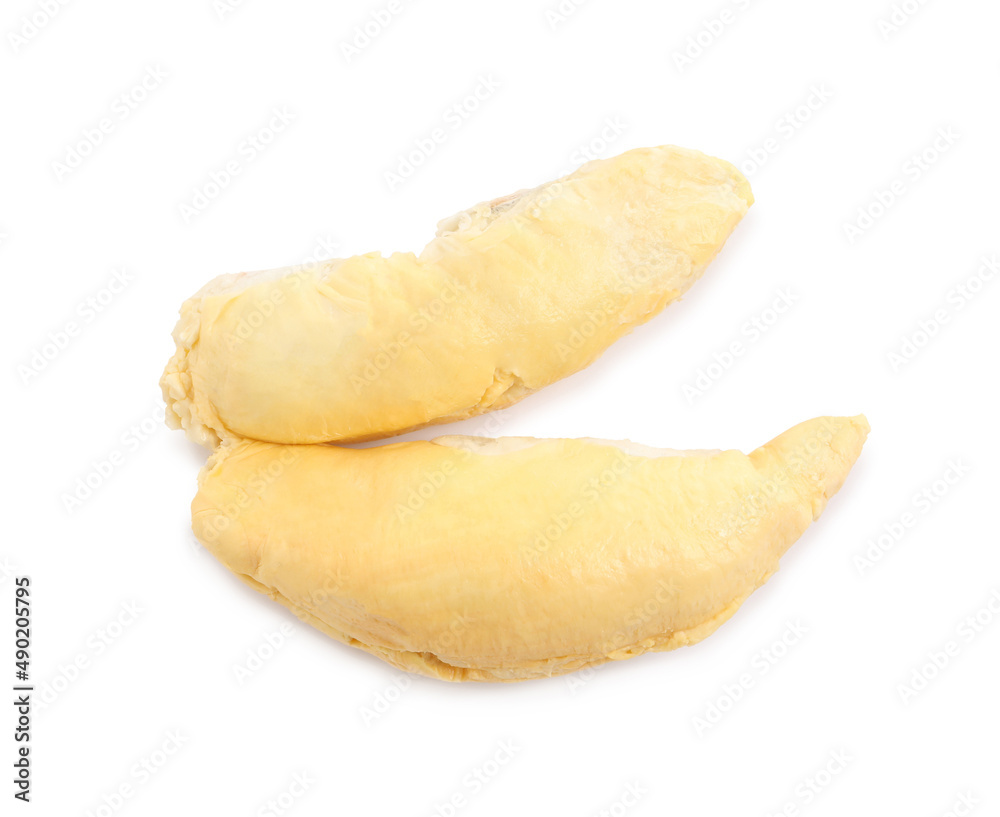 Peeled ripe durian on white background, top view Peeled ripe durian on white background, top view