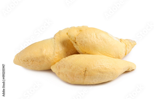 Pieces of fresh ripe durian on white background