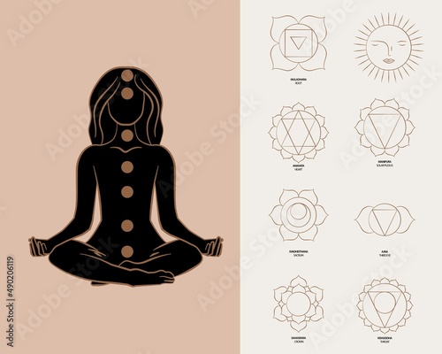 Vector Woman Meditating with Chakra Symbols and Icons in Yoga Pose.  Woman sitting in Lotus Pose with Energy signs.