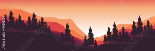 mountain landscape with forest silhouette flat design vector illustration good for web banner  ads banner  tourism banner  wallpaper  background template  and adventure design backdrop