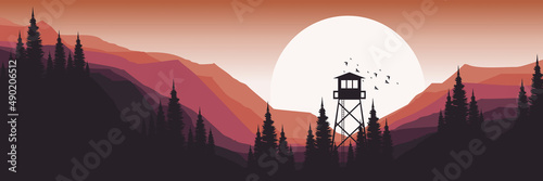 mountain landscape with forest silhouette flat design vector illustration good for web banner, ads banner, tourism banner, wallpaper, background template, and adventure design backdrop
