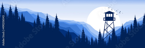 mountain landscape with forest silhouette flat design vector illustration good for web banner, ads banner, tourism banner, wallpaper, background template, and adventure design backdrop