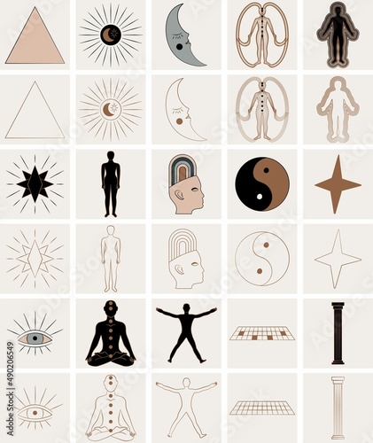 Set of Mystical Icons and Symbols in Vector featuring Human Energy Field, Ying and Yang Symbol, Man Meditating, Eye, Moon and Star Design.