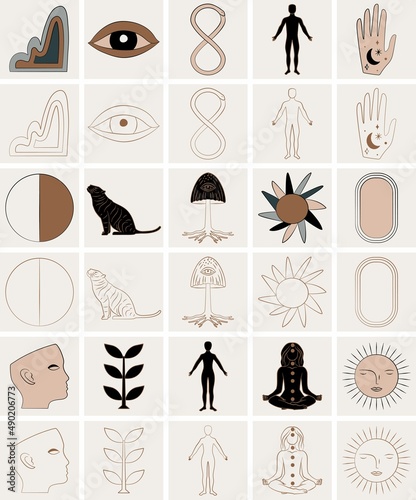 Set of Mystical Icons and Symbols in Vector. A collection of Celestial Elements featuring eye, sun,  hand, serpent, mushroom and more.