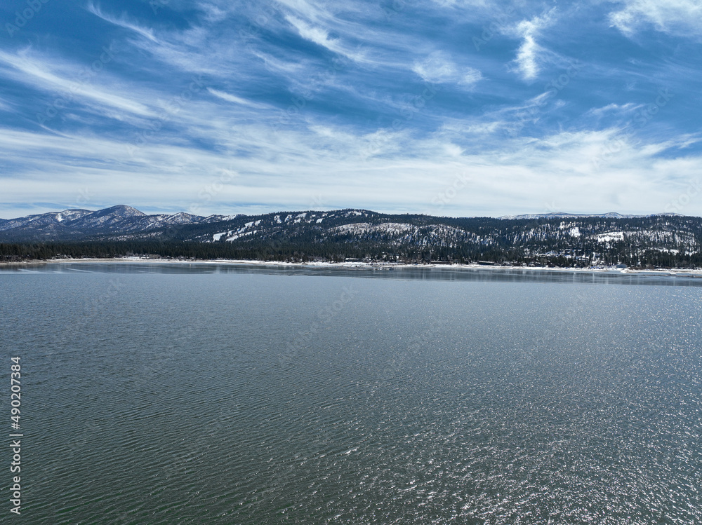 Aerial view of Big Bear Lake during winter season, San Bernardino National Forest, California, USA