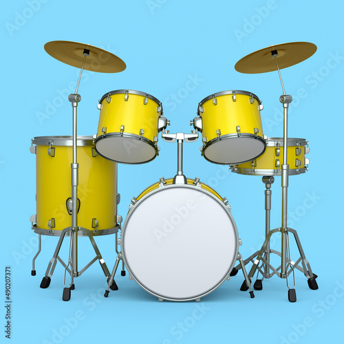 Set of realistic drums with metal cymbals or drumset on blue background