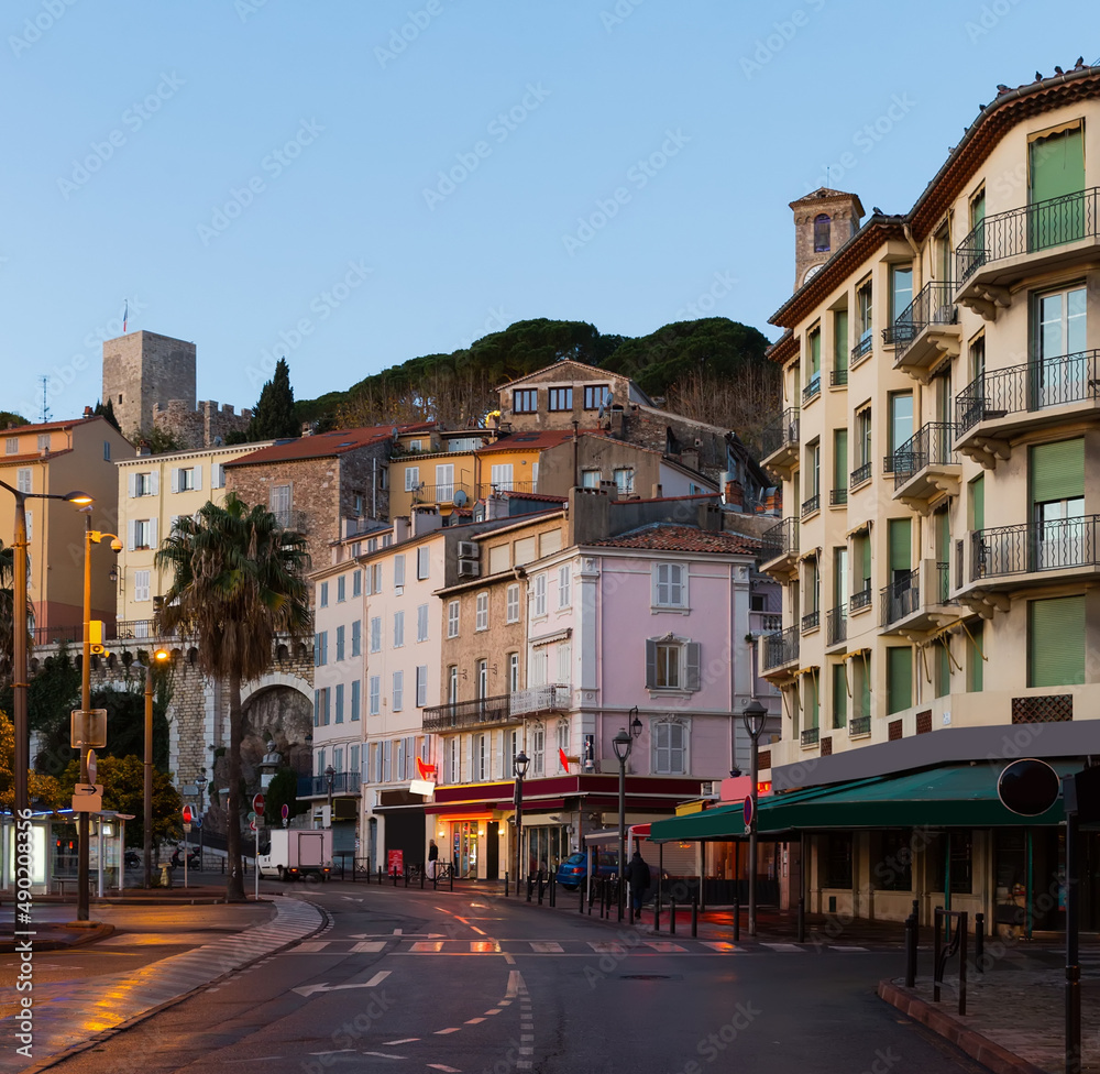 Image of Cannes french riviera streets and building in twilight.