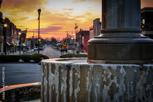 Closeup shot of the Indiana water fountain at sunset in the Downtown Shelbyville, USA photo