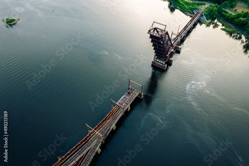 Aerial view of the famous Crook Point Bascule Bridge, a defunct Scherzer rolling lift railway bridge