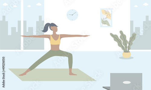 Young woman doing yoga, fitness at home on mat. Girl watches online lesson on laptop and performs sports exercises, yoga. Vector