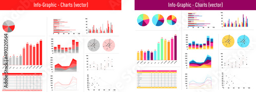 Vector design of colorful infographic charts set against a white background