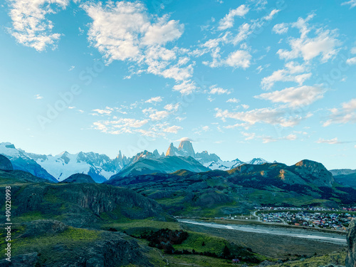 Scenic view of the city of El Chalten with Mount Fitz Roy background at sunset in Patagonia photo