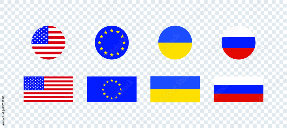 Naklejka premium Country USA EU Ukraine Russia flag and sign collection. USA EU union country icon. National flags countries. Stock vector