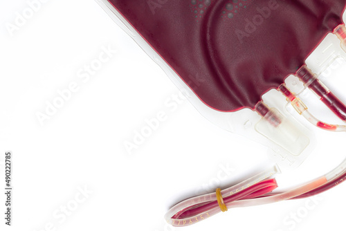 A bag of blood on a white background. Blood transfusion and blood donation concept.