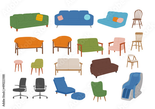 Different types of home interior furniture chairs. flat design style vector illustration.
