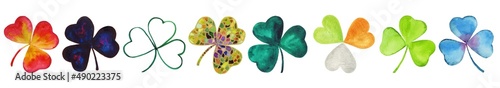 Set of multi-colored clovers. Emerald, blue, red green shamrocks illustration. Hand-drawn watercolor painting. Decorative elements for St. Patrick's Day, ecological, organic, floral design