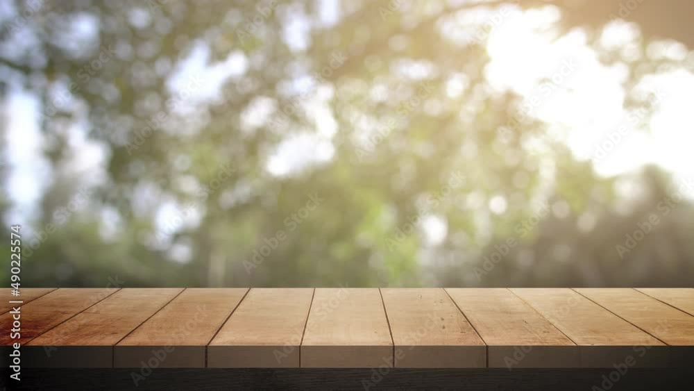 Wood table bar in summer day, and nature background green tree bokeh ...