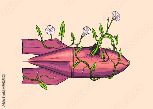 Bomb with flowers. Symbol of weapon, war and peace art poster