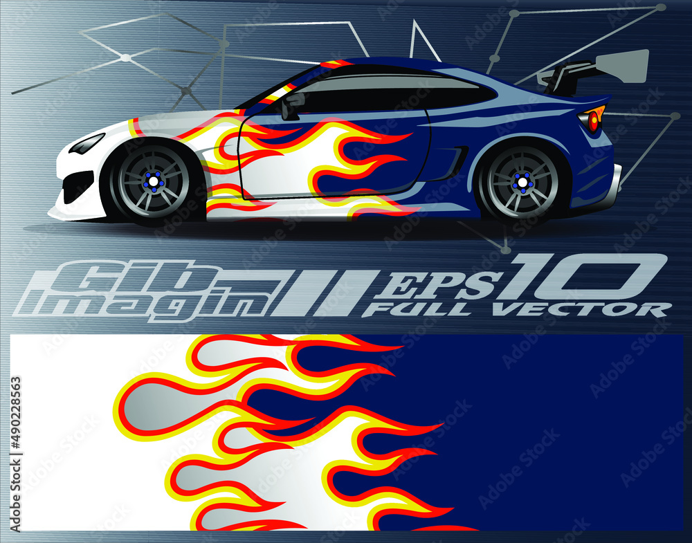 Fototapeta premium Car wrap design vector. Graphic abstract stripe racing background kit designs for wrap vehicle, race car, rally, adventure and livery