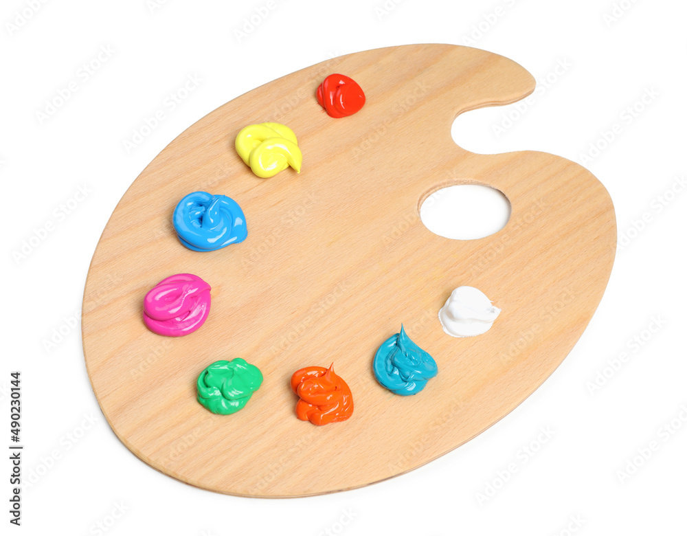 Palette with paints on white background. Artist equipment Palette with paints on white background. Artist equipment